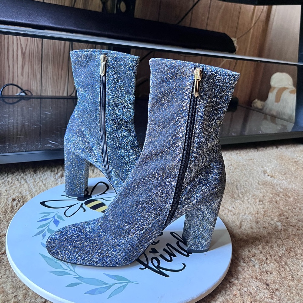 Sam Edelman Blue/Gold Calexa Glitter Booties 4" Block Heel SZ 9.5 Inside Zip.